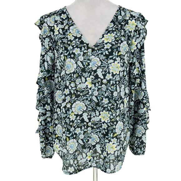 LOFT Tops - Loft Top Womens Large Blue Yellow Floral Ditzy Pullover Blouse Ruffles Whimsy